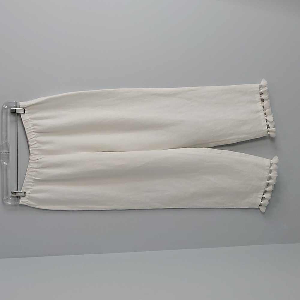 Club Monaco Klina White Crop Linen Beach Pants with Tassels